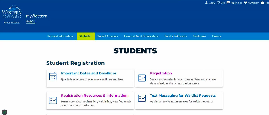 Web4U menu pointing to student tab