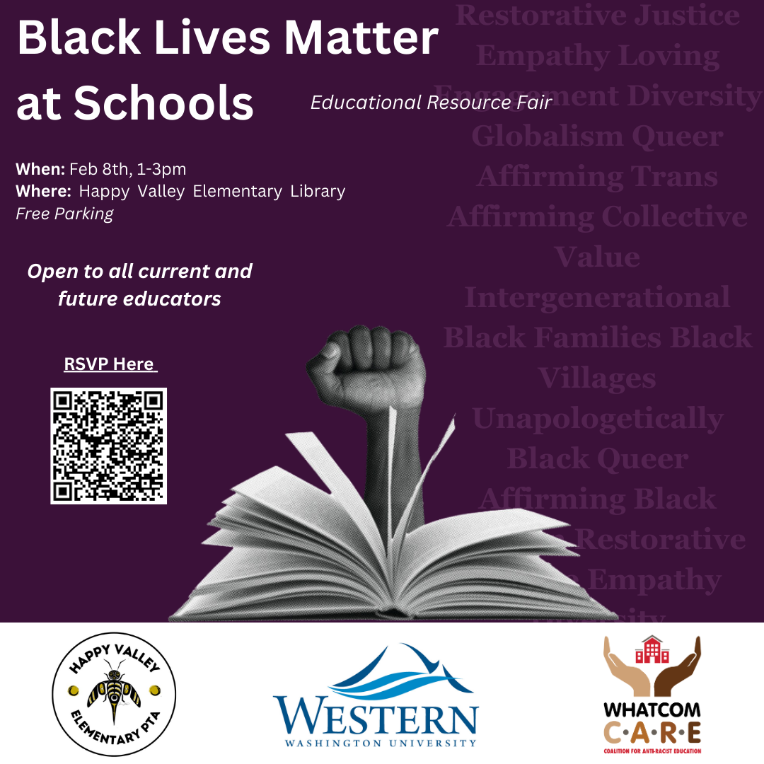 "Black Lives Matter at Schools" on a purple background with an image of an open book with a fist coming out of the center