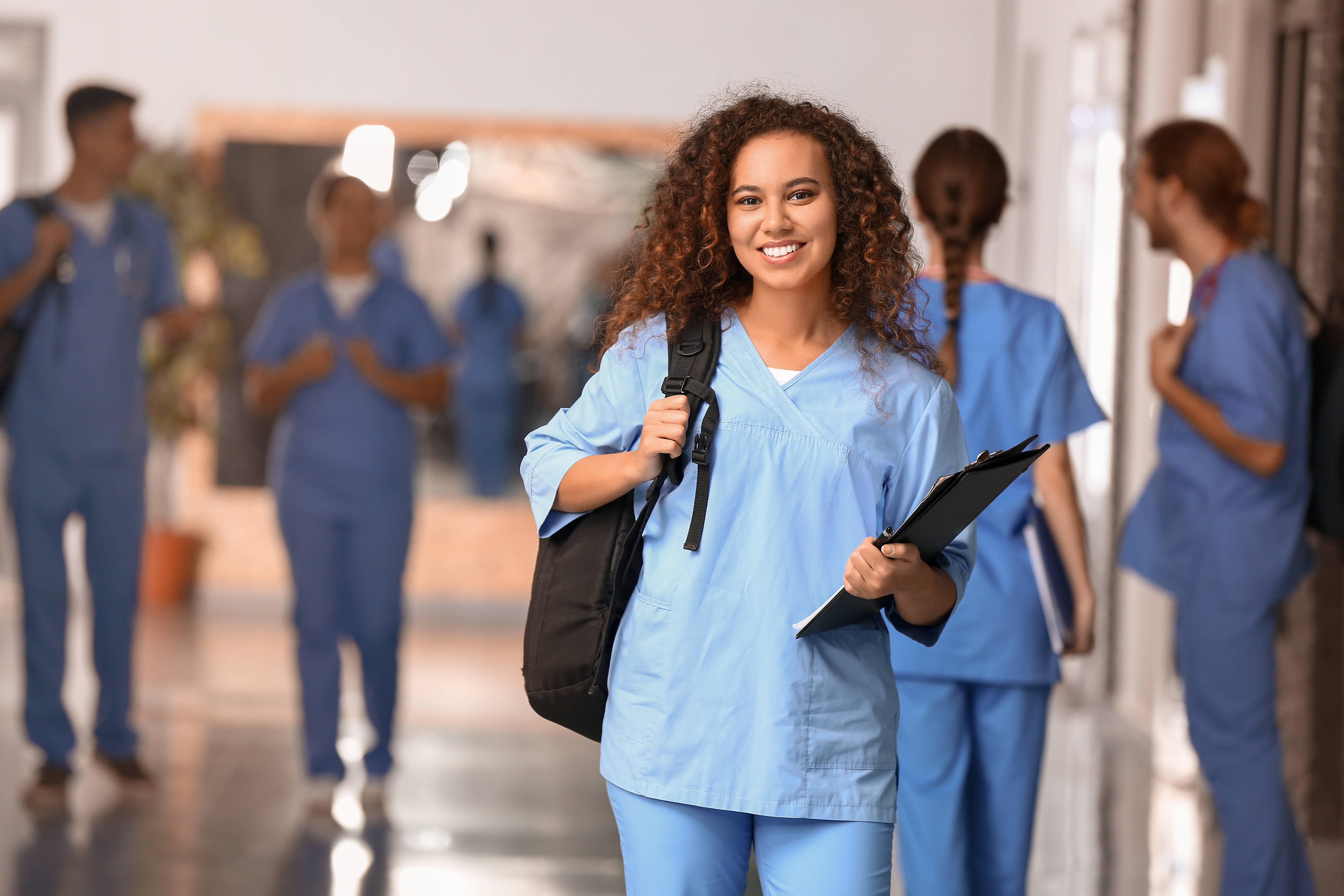 African-American student in corridor of nursing university