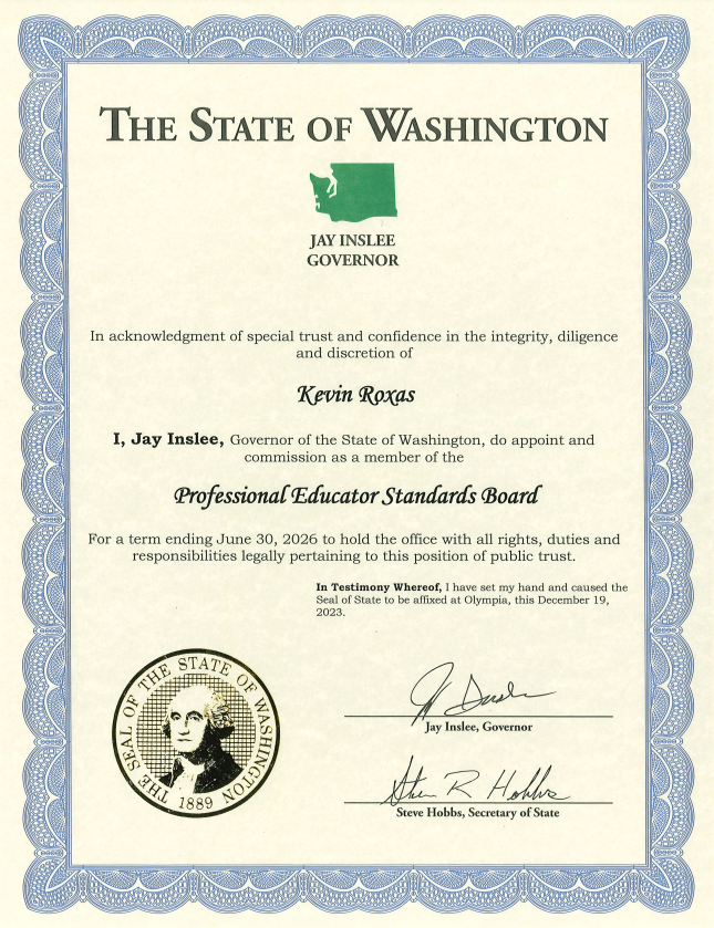A document detailing the PESB award by WA Governor Jay Inslee to Dean Kevin Roxas