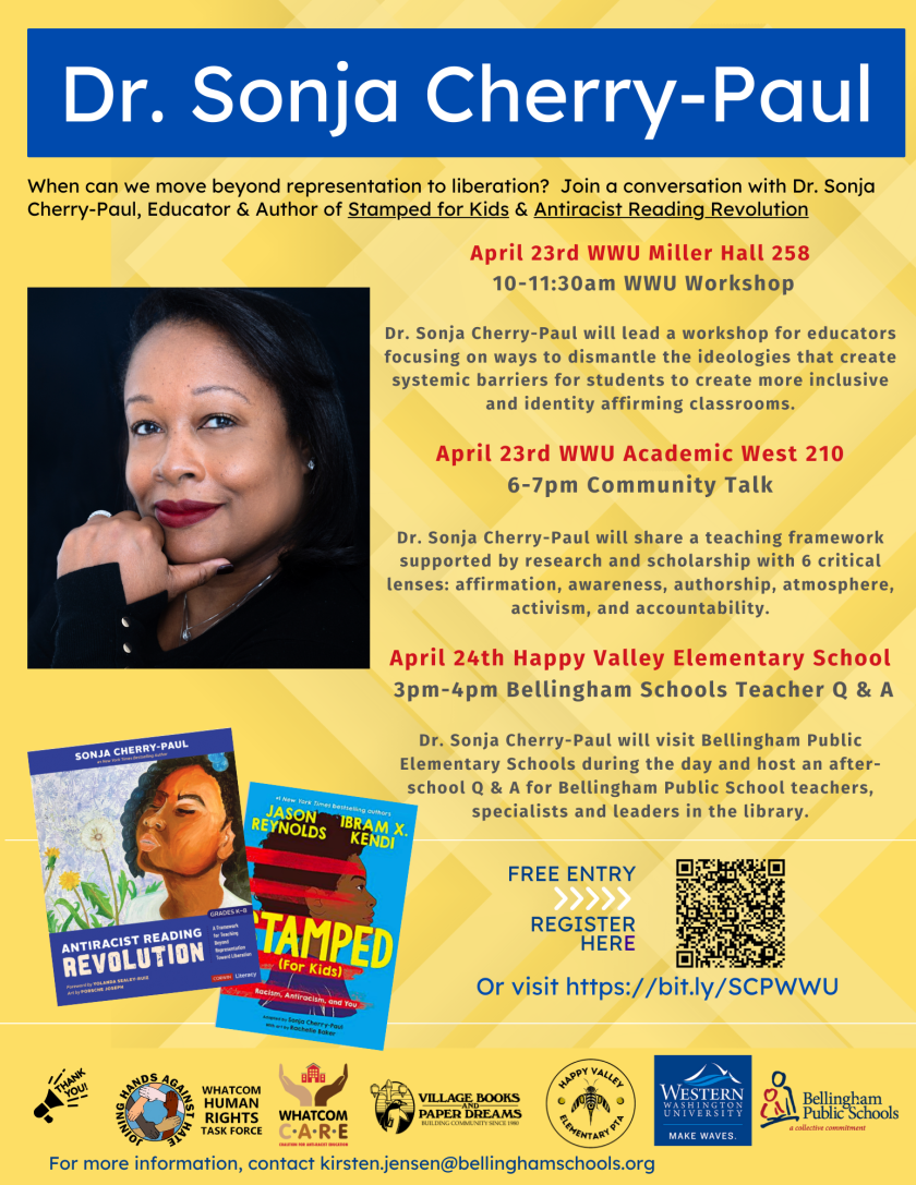 Flyer describing Dr. Sonja Cherry Paul's talk on Western and for Bellingham Public Schools April 23 and 24.