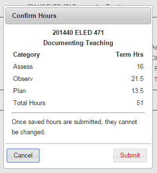 Screenshot of hour submission popup in Web4U