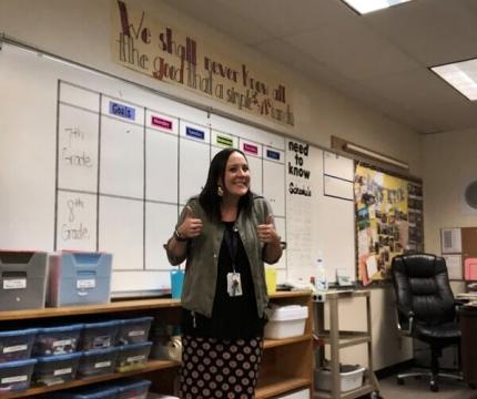 WWU alumna Angie Kyle surveys her empty classroom at Post Middle School in Arlington. Kyle continues to work to try to find new and innovative ways to connect with her students during the pandemic.