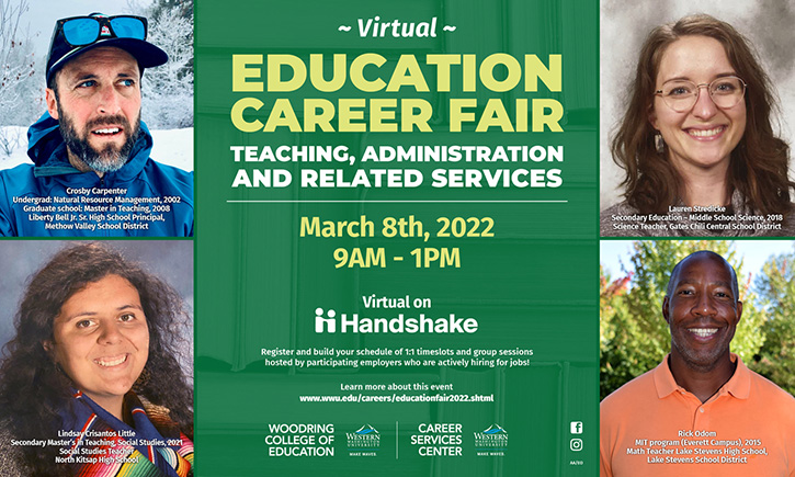 alt="green background with white text in center describing details of the event (listed on this webpage) and four headshots of WWU alums who work in education"