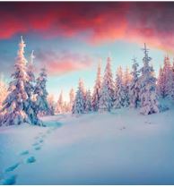 winter picture of sunrise, snow, mountains