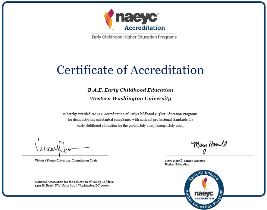 Certificate of NAEYC Accreditation for the WWU ECE P-3 BAE Program