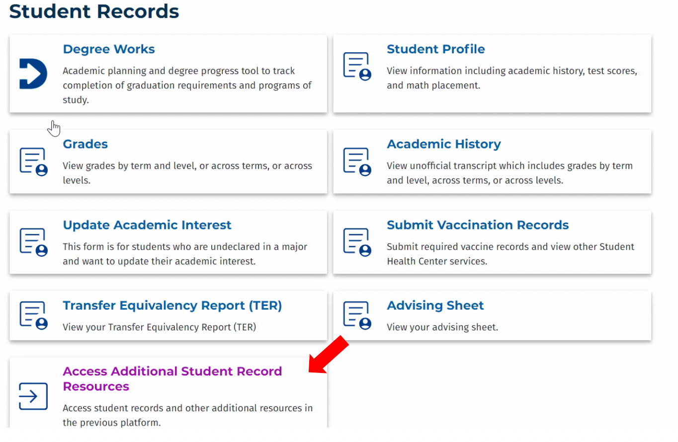 Web4U menu pointing to student resources