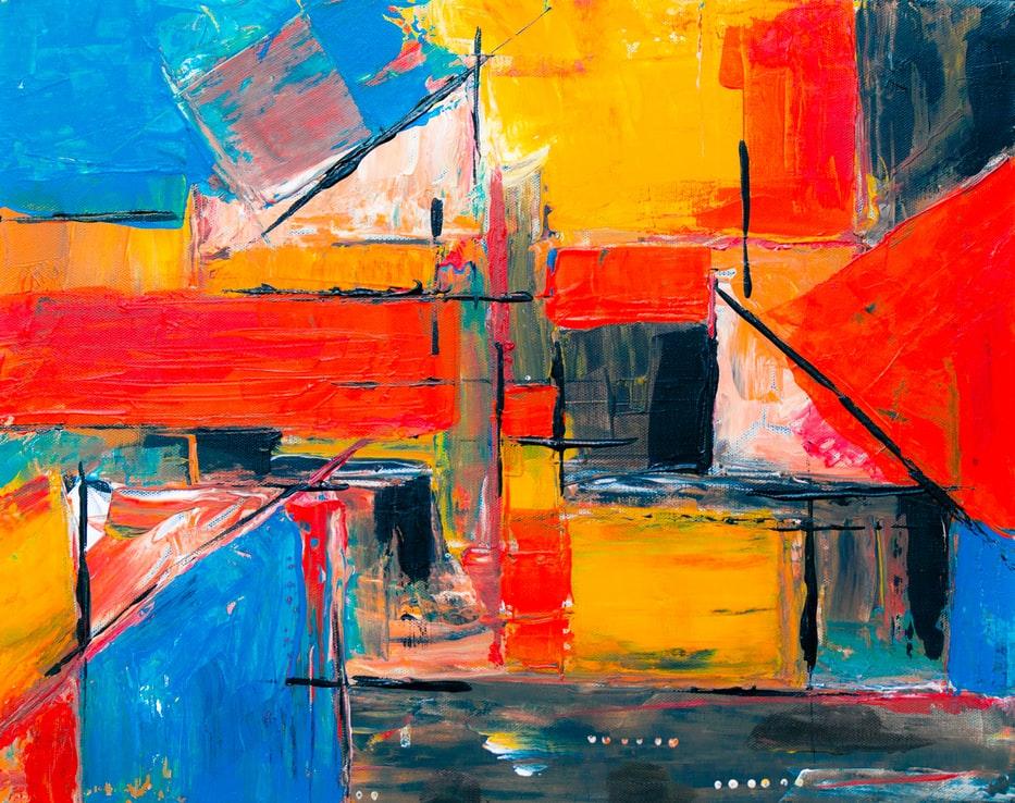 Abstract oil painting with reds and blues and lines