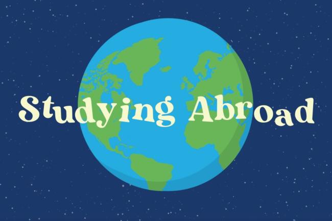 The words "Studying Abroad" written in white with a 2D cartoon globe in the background