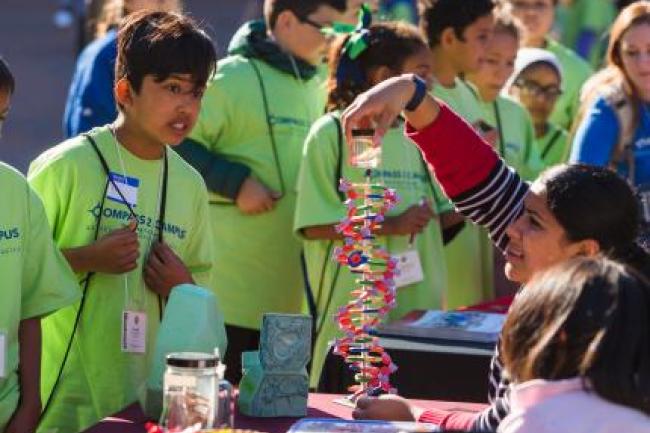Young students looking at a plastic model of DNA.