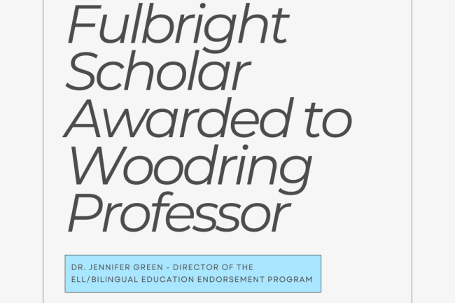 Black text on a white background saying "Fulbright Scholar Awarded to Woodring Professor"
