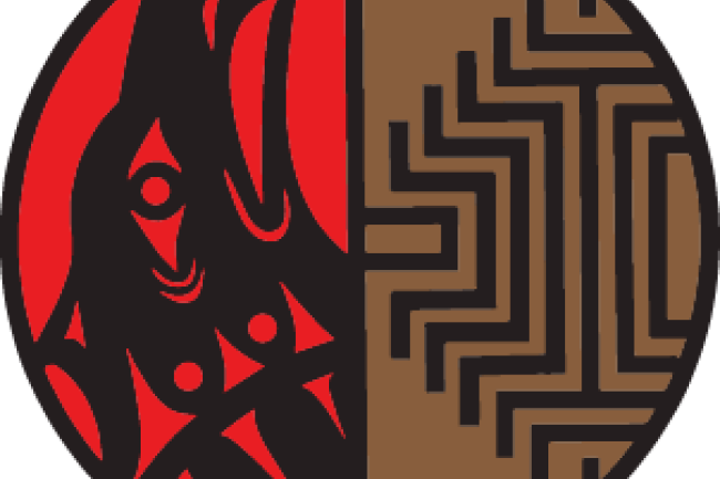 Lummi Nation logo. Circle half red with a bird and the other half brown with a geometric pattern.