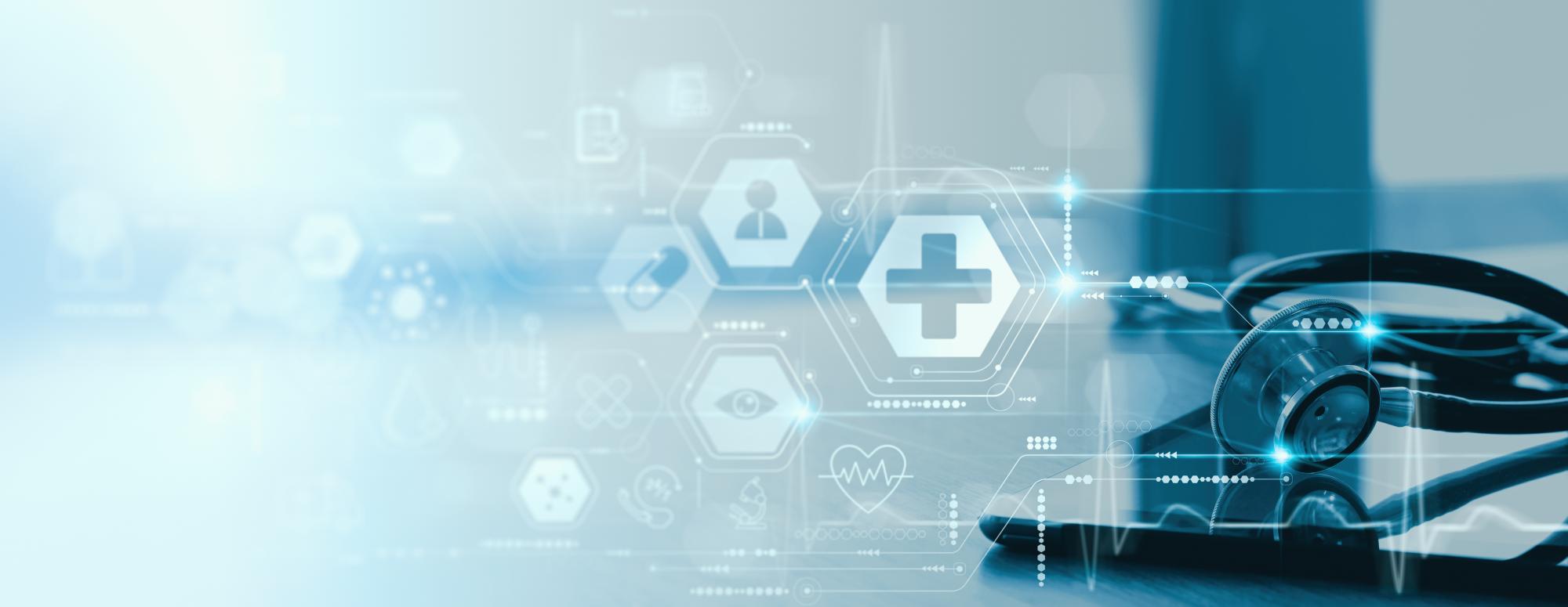 Close up of a stethoscope and digital tablet with virtual electronic medical record of patient on interface.